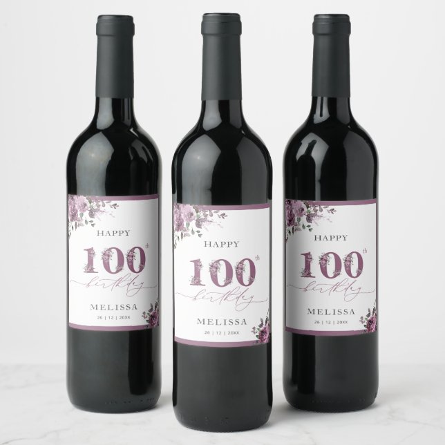 Elegant Purple Floral 100th Birthday Wine Label (Bottles)