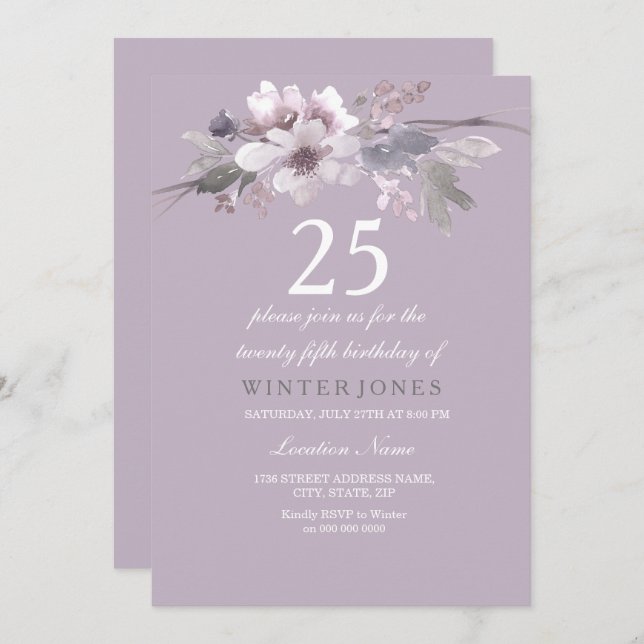 Elegant Purple Floral 25th Birthday Party Invite (Front/Back)