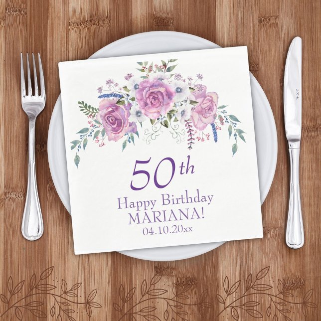 Elegant Purple Floral 50 60 Any Age Birthday Party Napkins (Creator Uploaded)