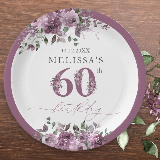Elegant Purple Floral 60th Birthday Paper Plates (Creator Uploaded)