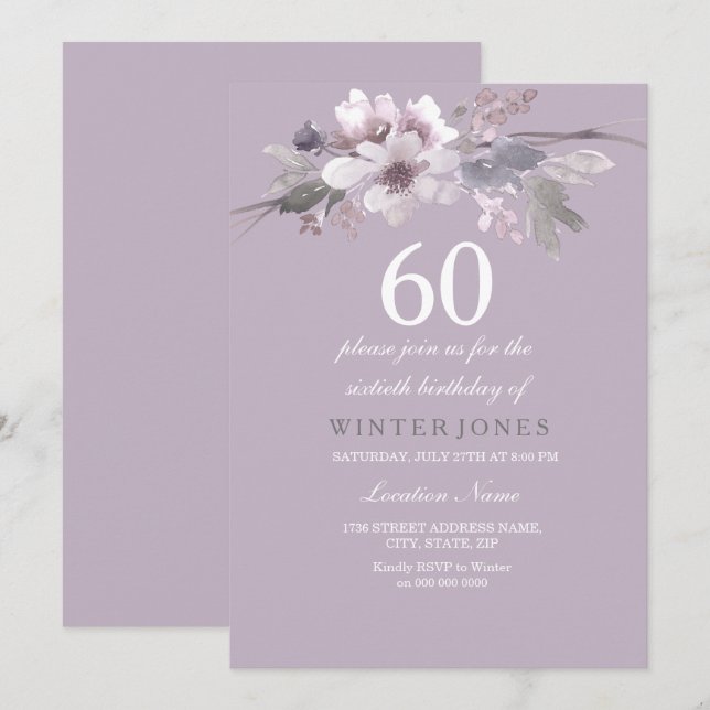 Elegant Purple Floral 60th Birthday Party Invite (Front/Back)
