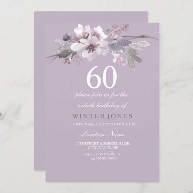 Elegant Purple Floral 60th Birthday Party Invite (Front/Back)