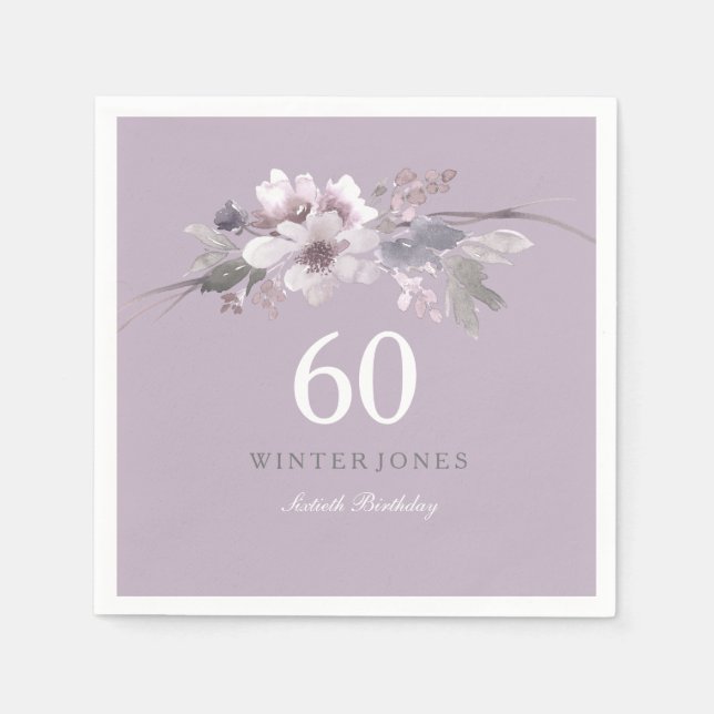 Elegant Purple Floral 60th Birthday Party Paper Napkins (Front)
