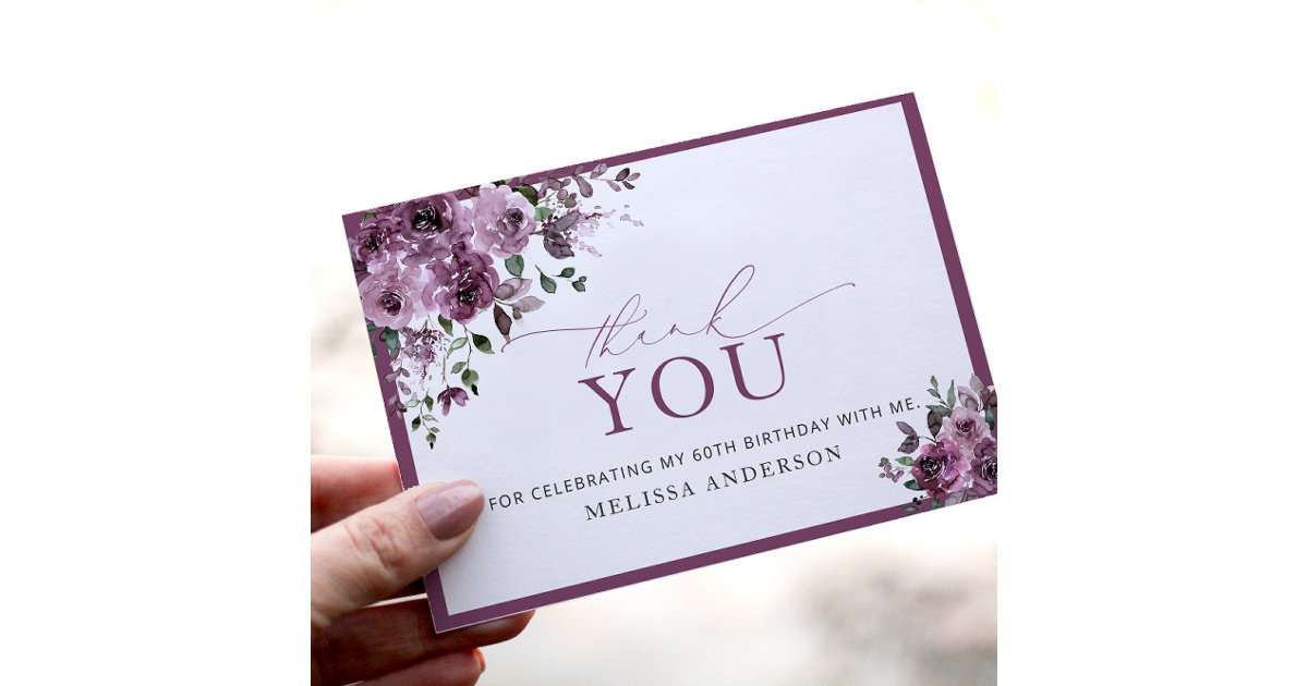 Elegant Purple Floral 60th Birthday Thank You Card | Zazzle