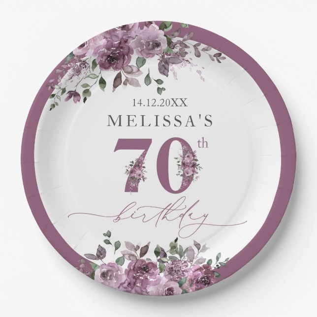 Elegant Purple Floral 70th Birthday Paper Plates (Front)