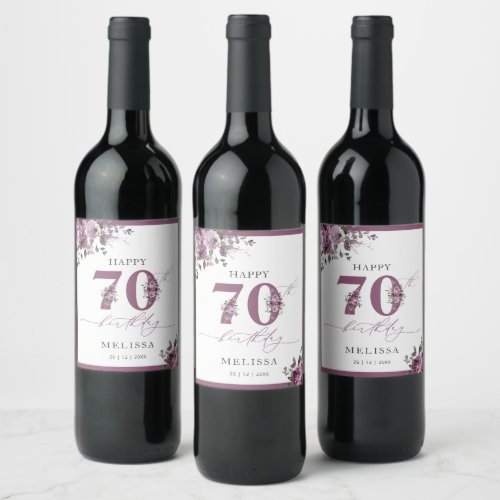 Elegant Purple Floral 70th Birthday Party Wine Label
