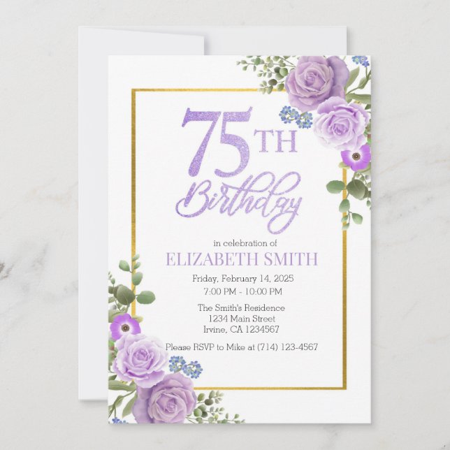 Elegant Purple Floral 75th Birthday Invitation  (Front)