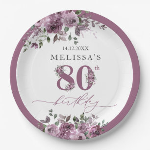 Elegant Purple Floral 80th Birthday Paper Plates