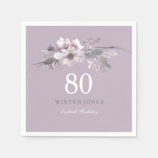 Elegant Purple Floral 80th Birthday Party Paper Napkins (Front)