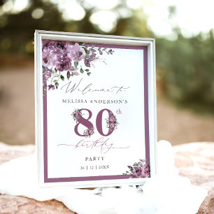 Elegant Purple Floral 80th Birthday Welcome Poster