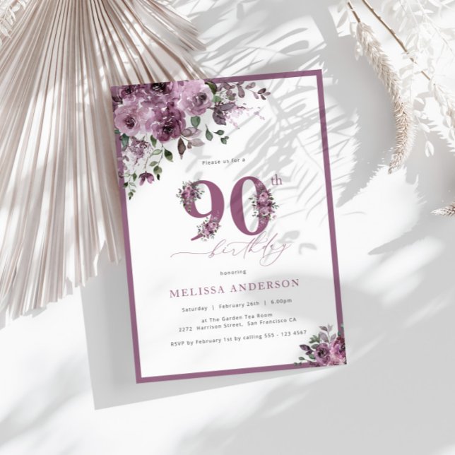 Elegant Purple Floral 90th Birthday Invitation (Creator Uploaded)