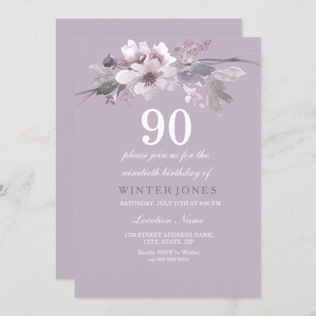 Elegant Purple Floral 90th Birthday Party Invite (Front/Back)
