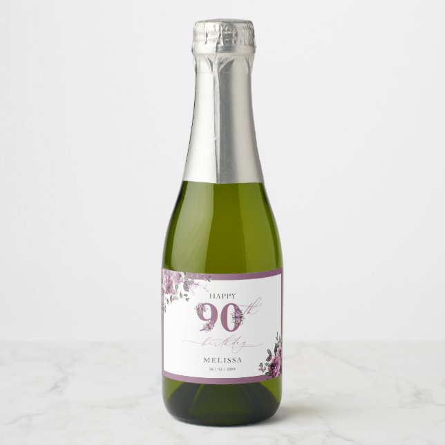 Elegant Purple Floral 90th Birthday Sparkling Wine Label (Front)