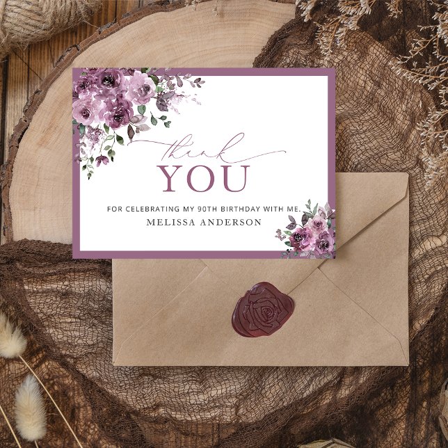Elegant Purple Floral 90th Birthday Thank You Card (Creator Uploaded)