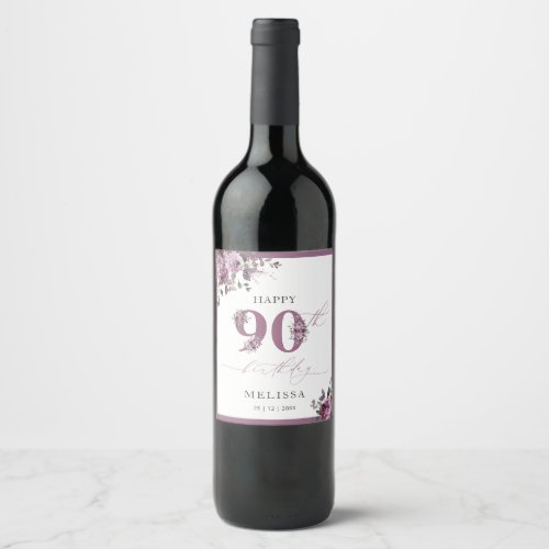 Elegant Purple Floral 90th Birthday Wine Label