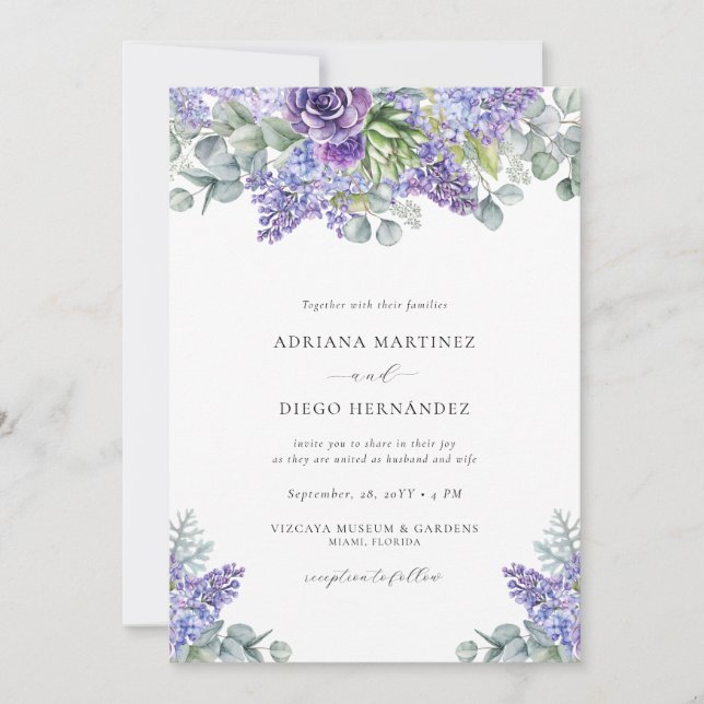 Elegant Purple Floral All-in-one Wedding RSVP Invitation (Front)