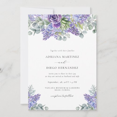 Elegant Purple Floral All_in_one Wedding RSVP Invitation