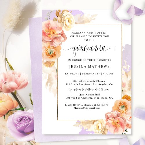 Elegant Purple Floral and Watercolor Quinceaera Invitation