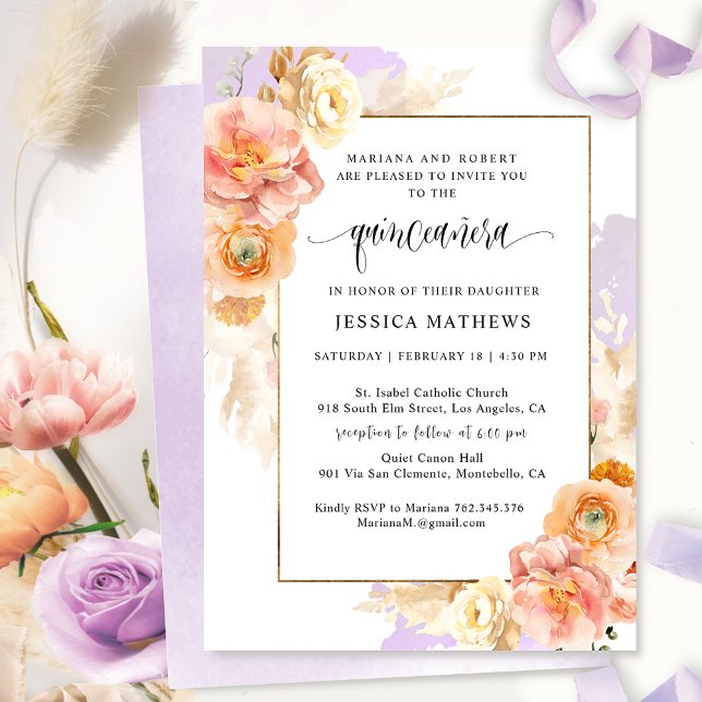 Elegant, Purple Floral and Watercolor Quinceañera Invitation (Creator Uploaded)