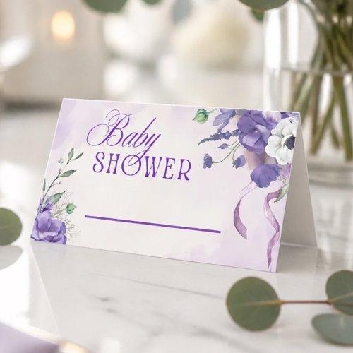 Elegant Purple Floral Baby Shower Food Tent Place Card