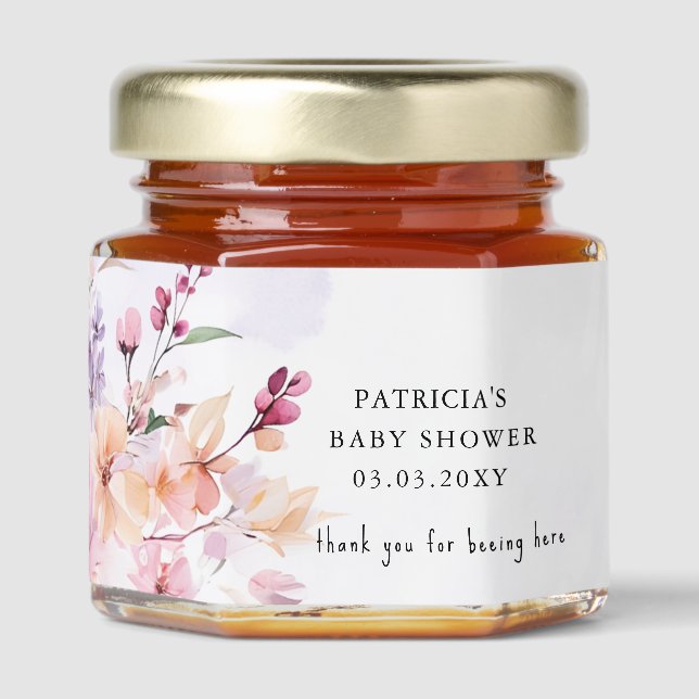 Elegant Purple Floral Baby Shower Honey Jar Favors (Front)