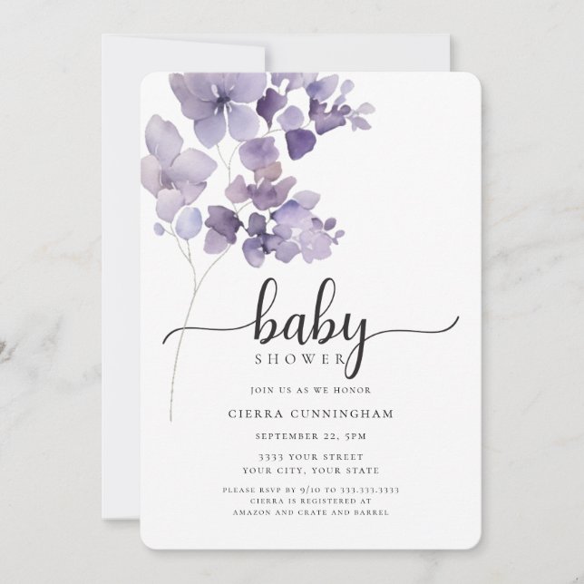 Elegant Purple Floral Baby Shower Invitation (Front)