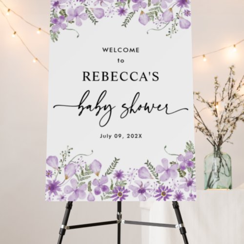 Elegant Purple Floral Baby Shower Welcome Sign 