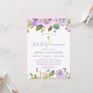 Elegant Purple Floral Baptism Communion Invitation