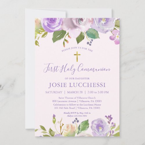 Elegant Purple Floral Baptism Communion Invitation