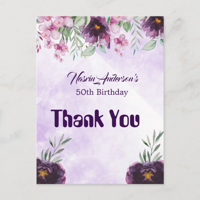 Elegant Purple Floral Birthday Invitation Postcard (Front)