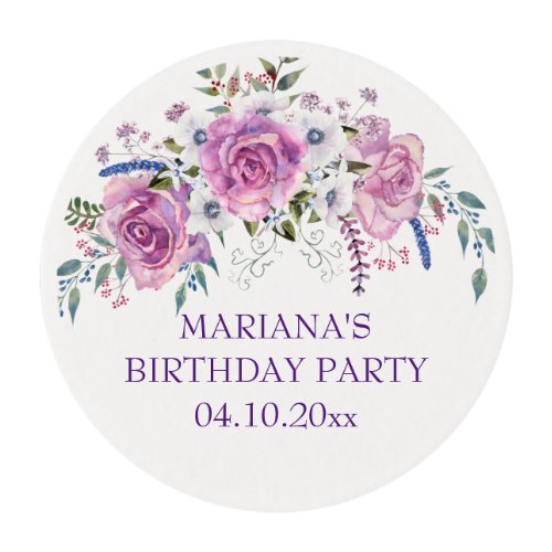Elegant Purple Floral Birthday Party Cupcake Edible Frosting Rounds
