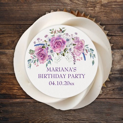 Elegant Purple Floral Birthday Party Cupcake Edible Frosting Rounds