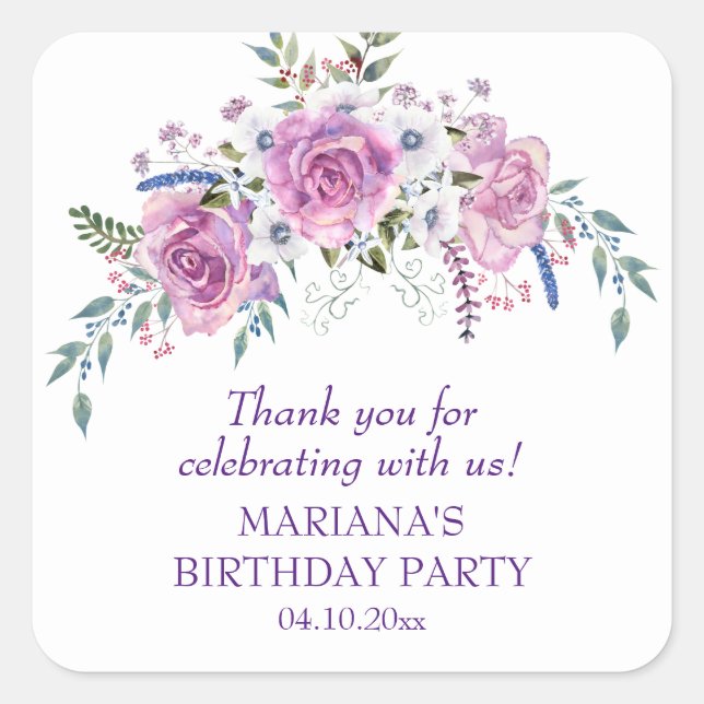 Elegant Purple Floral Birthday Party Favor Square Sticker (Front)