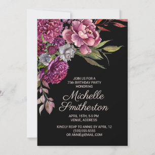 Elegant Purple Floral Black 75th Birthday Invitation