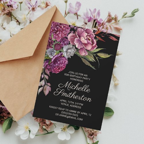 Elegant Purple Floral Black Womens 60th Birthday Invitation