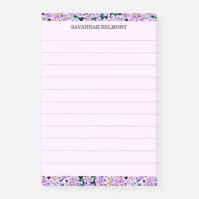 Elegant Purple Floral Border Personalized Lined Post-it Notes (Front)