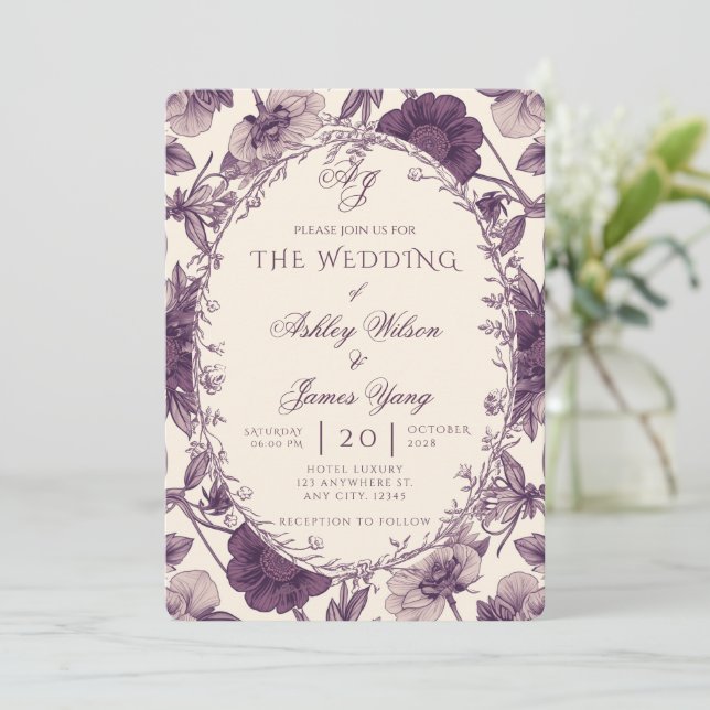 Elegant Purple Floral Botanical Wedding Invitation (Standing Front)