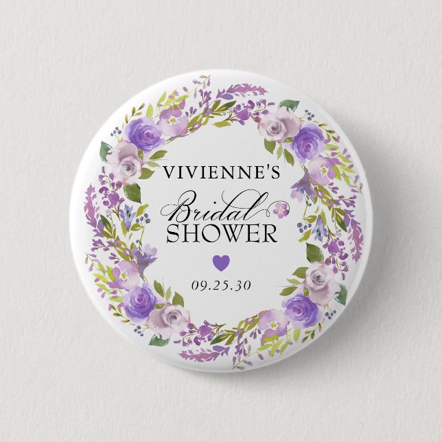 Elegant Purple Floral Bridal Shower Button (Front)