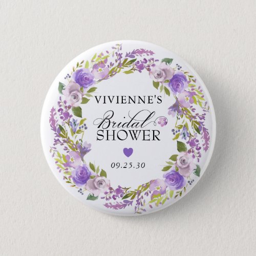 Elegant Purple Floral Bridal Shower Button