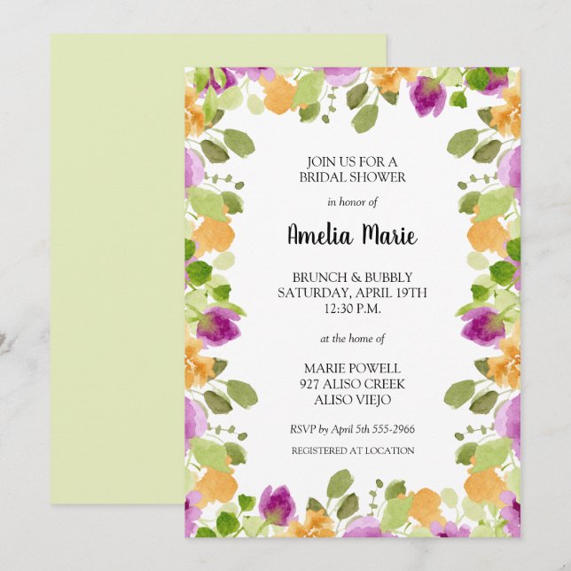 Elegant Purple Floral Bridal Shower Invitation (Front/Back)