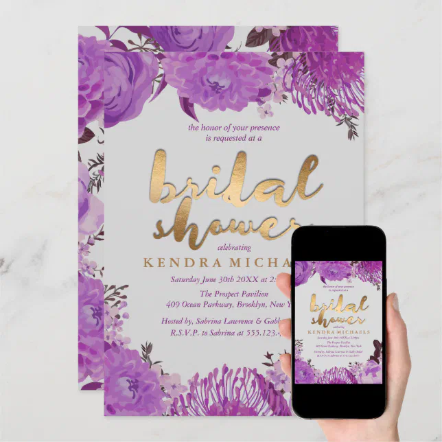 Elegant Purple Floral Bridal Shower Invitations Zazzle