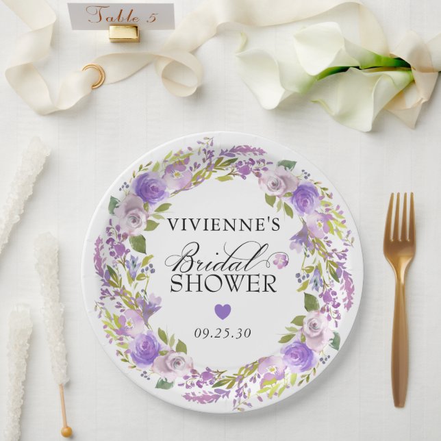 Elegant Purple Floral Bridal Shower Paper Plates (Wedding)