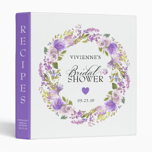 Elegant Purple Floral Bridal Shower Recipe 3 Ring Binder