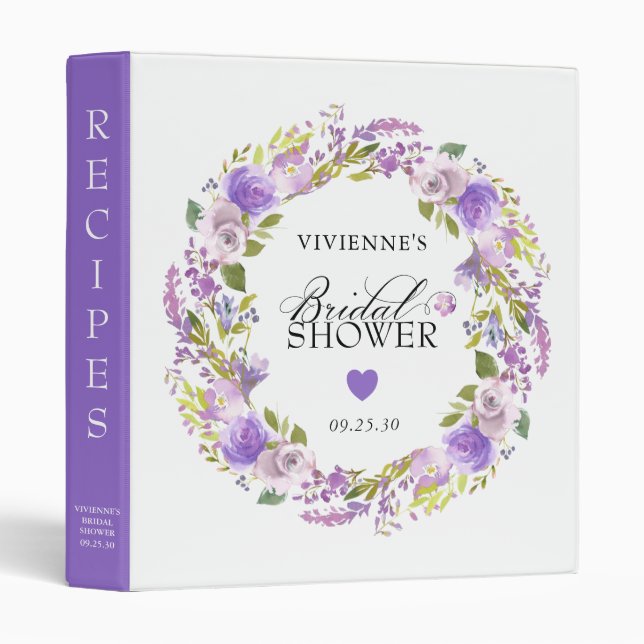 Elegant Purple Floral Bridal Shower Recipe 3 Ring Binder (Front/Spine)