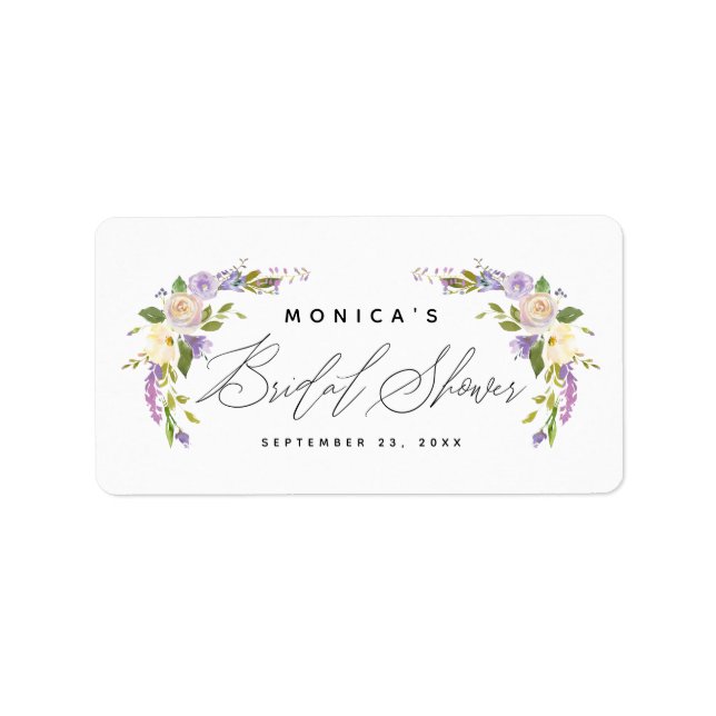 Elegant Purple Floral Bridal Shower Script Label (Front)