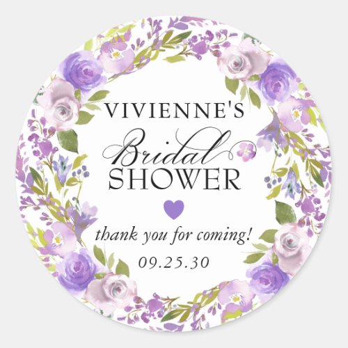 Elegant Purple Floral Bridal Shower Thank You Classic Round Sticker