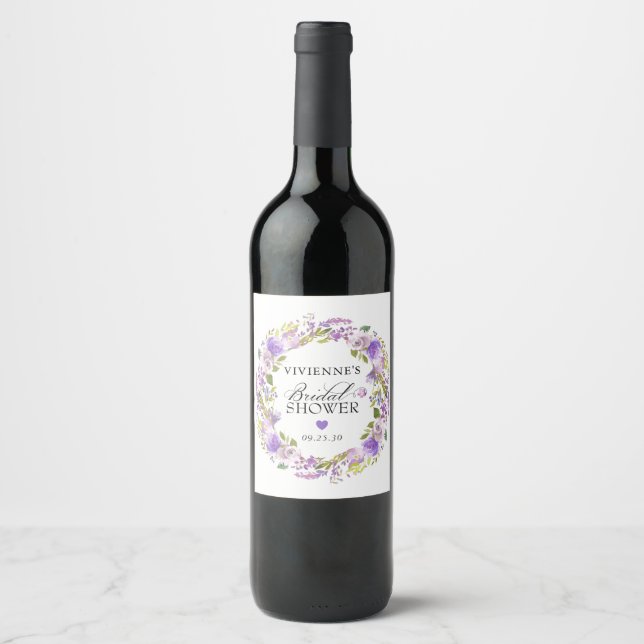 Elegant Purple Floral Bridal Shower Wine Label (Front)