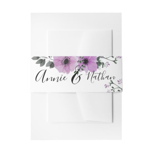 Elegant Purple Floral Bride  Groom Names Wedding  Invitation Belly Band