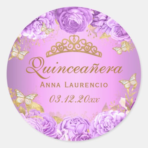 Elegant Purple Floral Butterflies Quinceanera Classic Round Sticker