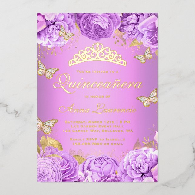 Elegant Purple Floral Butterflies Quinceanera Foil Invitation (Front)